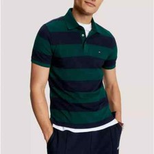Tommy Hilfiger Men's Green Slim Fit Stretch Cotton Mesh Rugby Stripe Polo Shirt