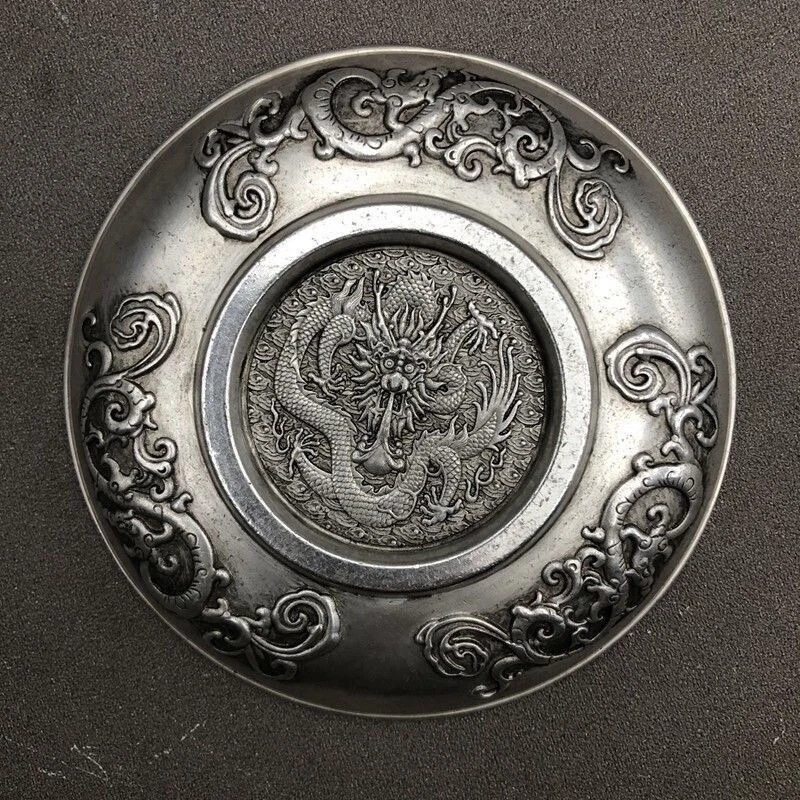Tíbet chino plata tallada a mano dragón fénix suerte bendición plato mesa decoración Foto 4 de 4
