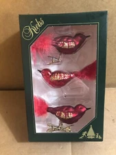 Krebs 3 Glass Red/Gold Decorated Glass Birds Christmas Clip-On **
