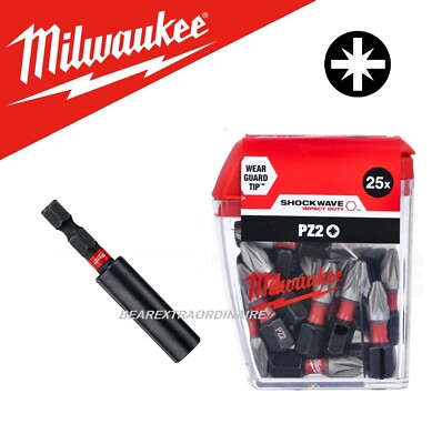 Milwaukee Pozi PZ2 Schraubendreher Bit Set x25 Impact Shockwave Magnet Bithalter