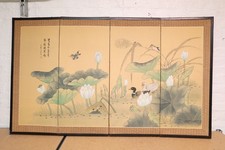 Japanese Vintage 4 Panel Folding Screen Asian Byobu Painted Chinese 60x36 Asian
