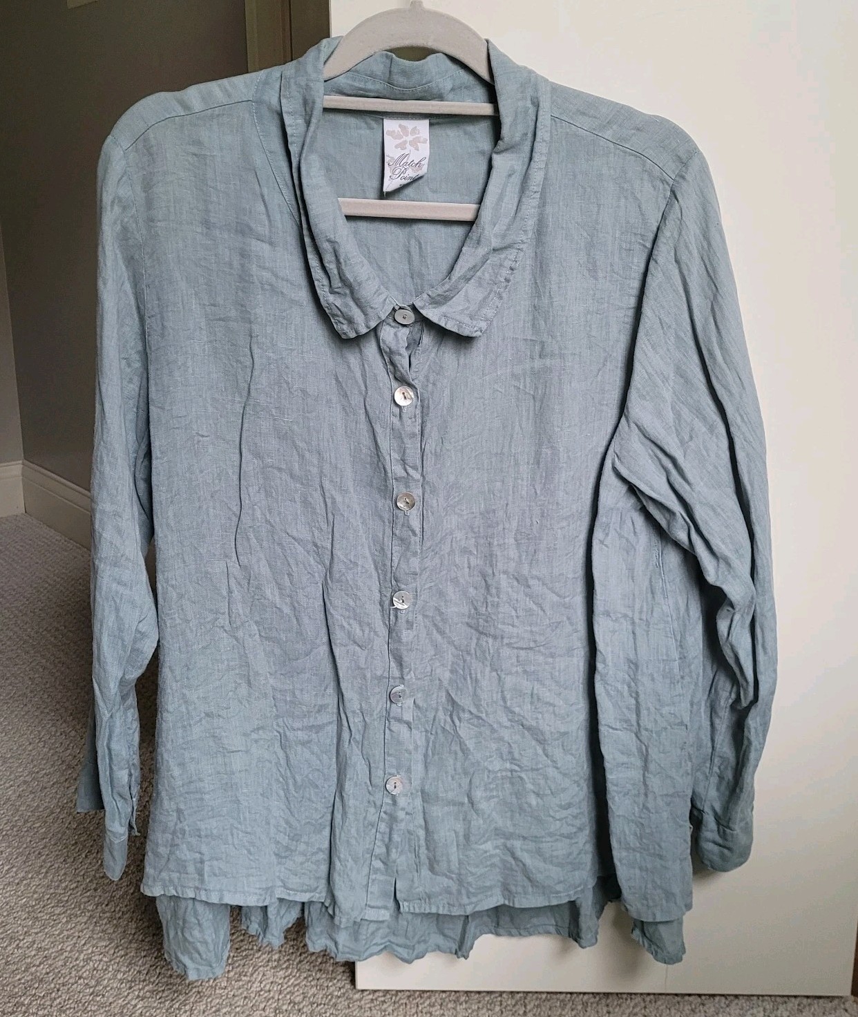 Matchpoint USA Linen Button Shirt L Blue Ruffle Boxy Lagenlook Coastal Beachy