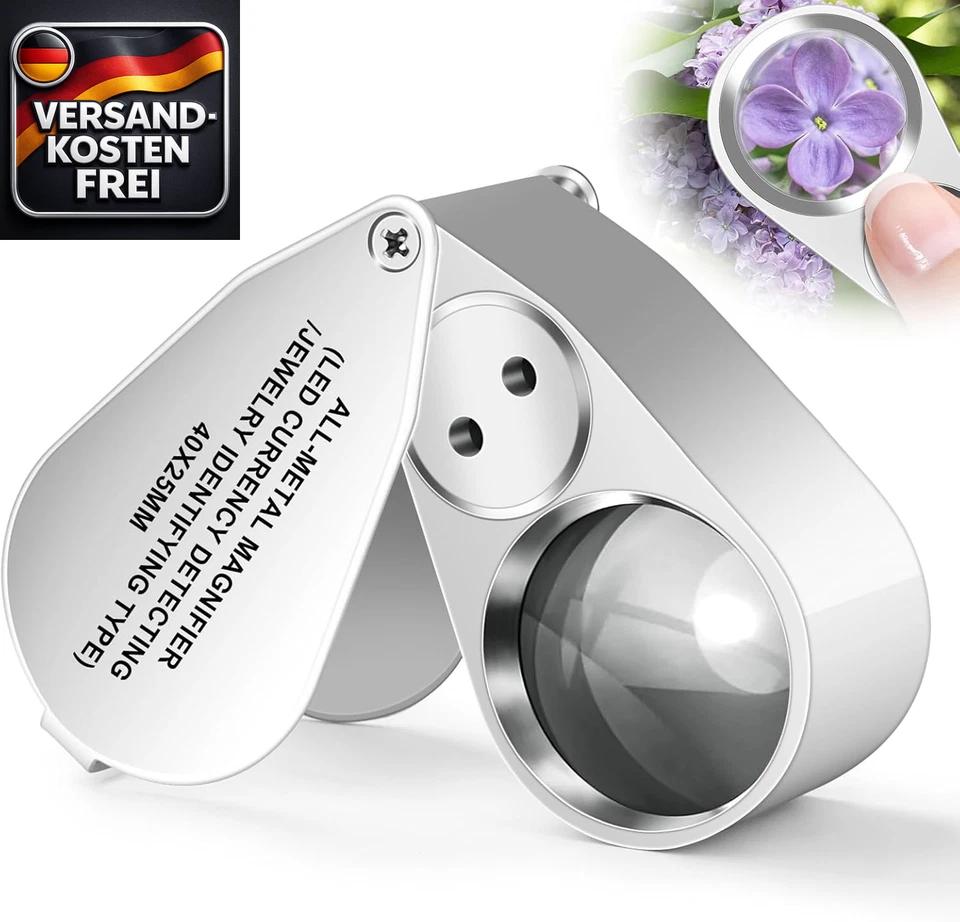 Juwelier Lupe 40X mit Licht Tasche Metall Faltlupe LED UV Vergrößerungsglas Schm