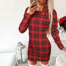 Womens Plaid Check Bodycon Long Sleeve Tartan Red Evening Party Mini Dresses