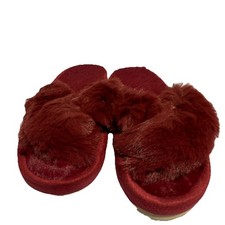Women's Red Faux Fur Slip-On Slippers Fur Trim Comfort Flat Rubber Sole 8