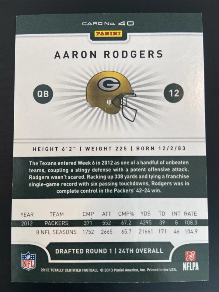 2012 Totally Certified Platinum Red Aaron Rodgers #40 Green Bay Packers - Image 2 of 2