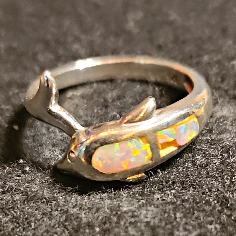 925 Sterling Silver Opal Inlay Band Ring, Size 7.5, Multicolor Stone