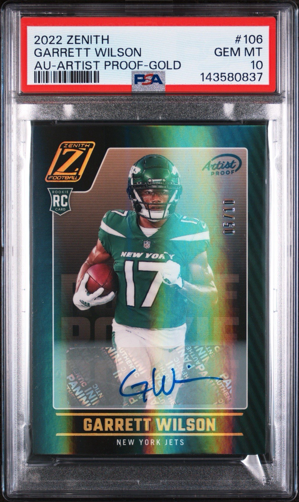 2022 Zenith GARRETT WILSON Artist Proof Gold Prizm RC Auto /10 PSA 10 Pop 1 JETS