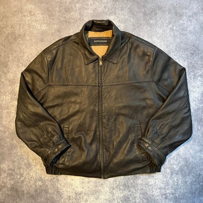 Dockers Mens XXL Lamb Leather Bomber Jacket Black Full Zip Collared Coat 2XL