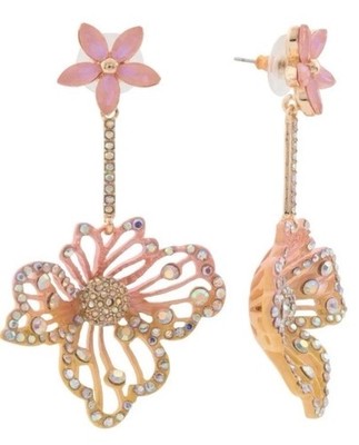 NEW Betsey Johnson Gold Tone Pink & Yellow Enamel Double Flower Drop Earrings