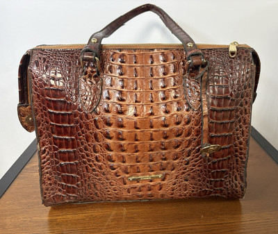 Brahmin Large Brown Croc Embossed Satchel Zip Top Detachable Strap Pockets