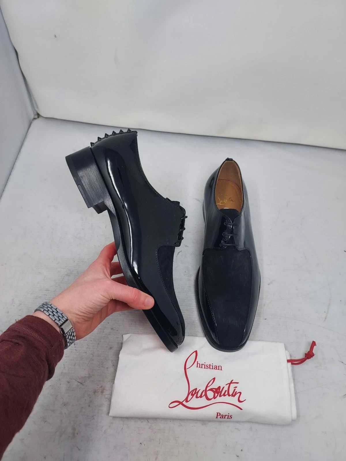 Christian Louboutin — CHRISTIAN LOUBOUTIN EU 40.5 US 7.5 NEW MEN Marco Spike Patent Suede Lace Up Shoe