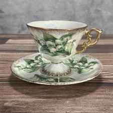 Vintage Lefton May Lily Of The Valley Teacup & Saucer 1950 Japan Iridescent Gold
