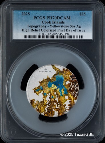 2025 Cook Islands 5oz Silver $25 Topography - Yellowstone PCGS PR70 First Day
