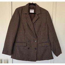 Brown Houndstooth Double Breasted Blazer Size L Academia Preppy Old Money Retro