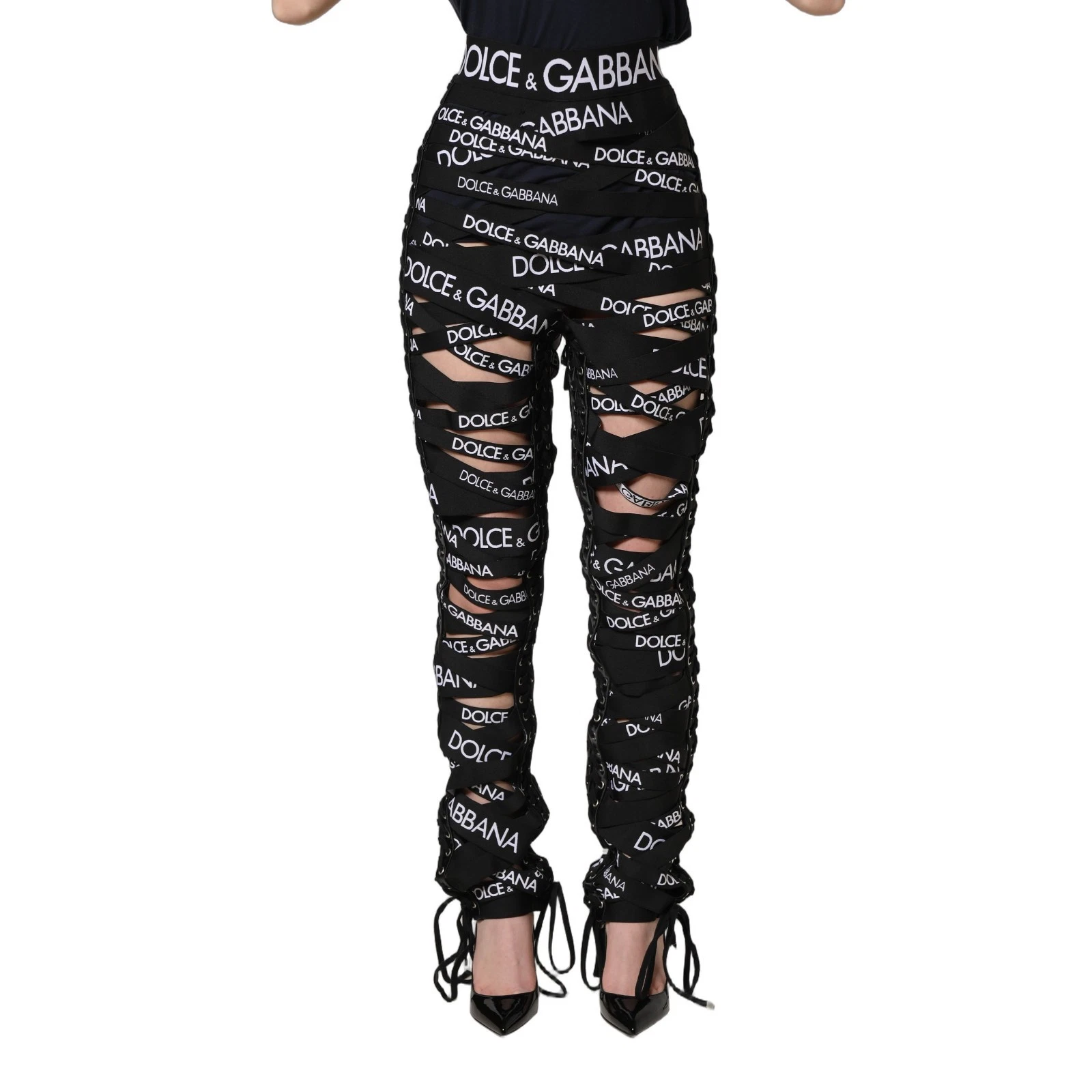 DOLCE & GABBANA Pants Black Logo Tape Cut Out Skinny High Waist s. IT40/US6/S