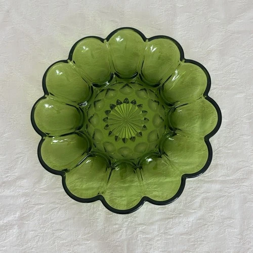 Vintage Anchor Hocking Fairfield Green Glass Deviled Egg Serving Plate Dish