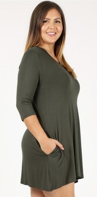 Olive Short A-Line Dress 3/4 Sleeve V-Neck with Pockets for Women