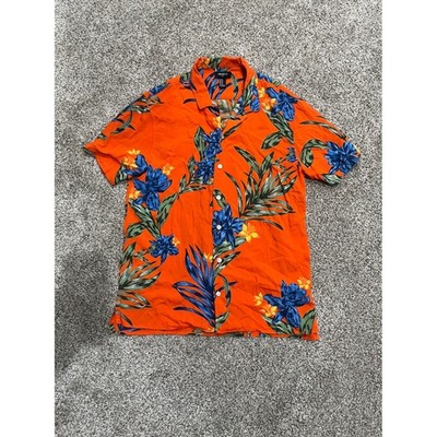 Forever 21 Men Orange Tropical Floral Button Up Shirt Short Sleeve Medium Summer