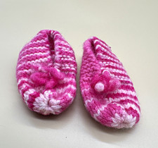 Handmade Pink White Knit Slippers, Striped with Flower Accent Pom Pom
