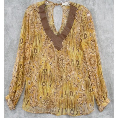 Absolu Blouse Womens Small Silk Semi Sheer Statement Leather Trim Boho Retro