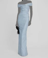 Rickie Freeman for Teri Jon Women's Blue Off-Shoulder Metallic Gown Dress Sz 12