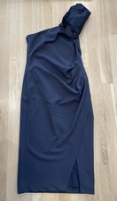Lauren Ralph Lauren One Shoulder Navy Crepe Side Zip Midi Cocktail Dress 12
