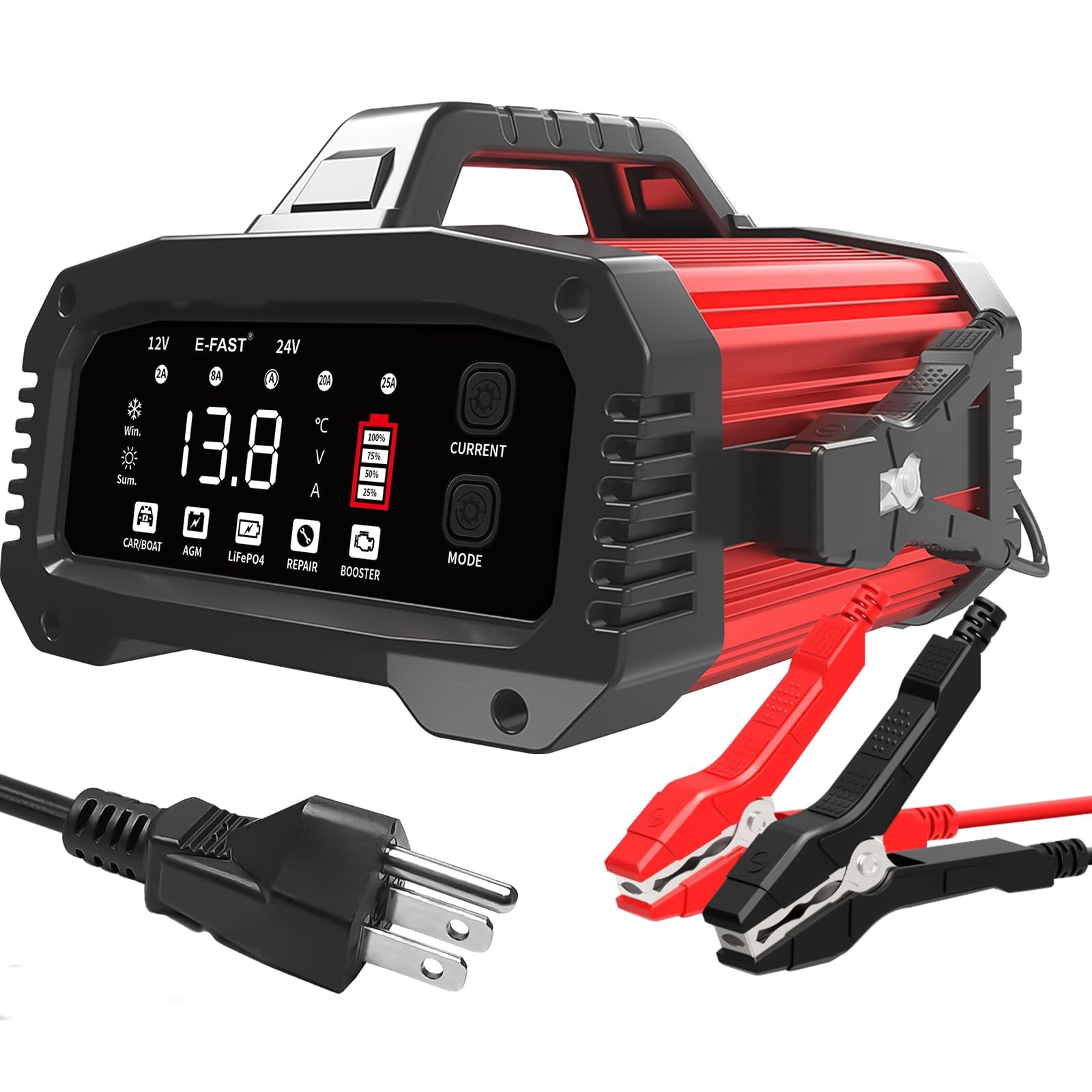 25A 12V/24V Smart Car Battery Charger for Lifepo4 and Lead Acid Batteries