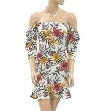 Urban Outfitters Smocked Mini Dress Halter Off Shoulder Printed Ruffle S 202358