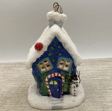 Russ Christmas Blue House Tea Light Candle Holder Snowman Winter Snow Red Bird