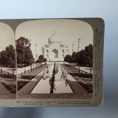 Agra Indien Stereoview um 1905 Echtfoto Taj Mahal Pool Reflexion Studie