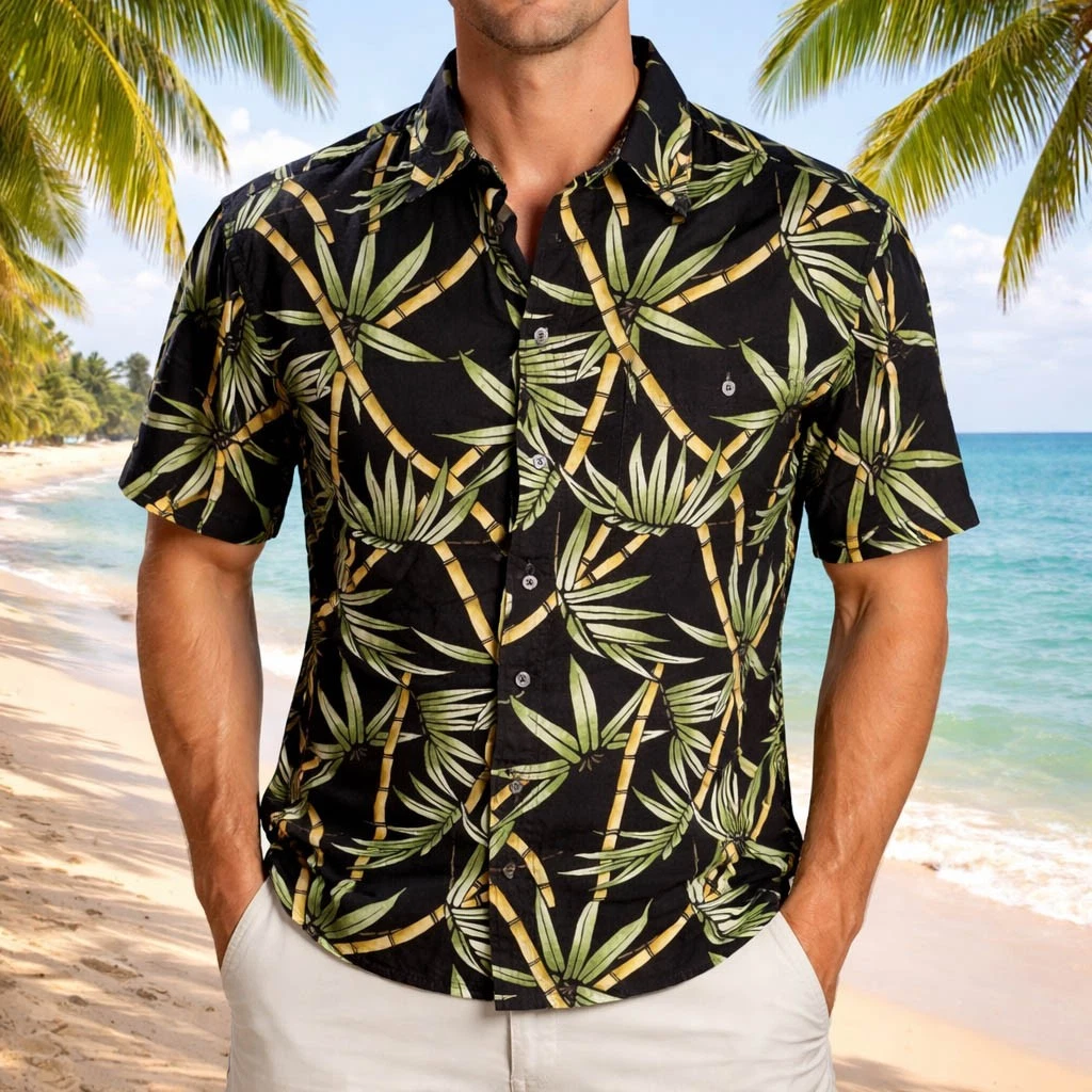 Izod Hawaiian Aloha Shirt Medium Floral Bamboo Stalks Black Green Yellow