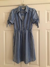 Monteau Size M Slit Tie Sleeves Blue Cream Stripe Stylish Lined Dress Women 