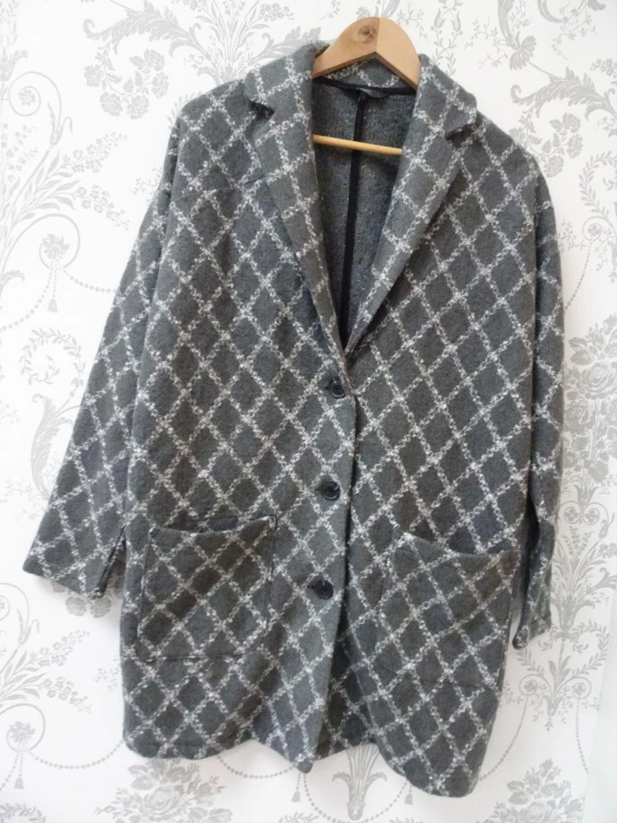 NEXT ladies grey white check soft warm 3 4 length blazer jacket medium uk 12