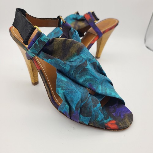 LANVIN Heels sandals Paris Ete 2010 Slingback Rare blue Fabric Sz 6.5-7 37.5 - Picture 6 of 12