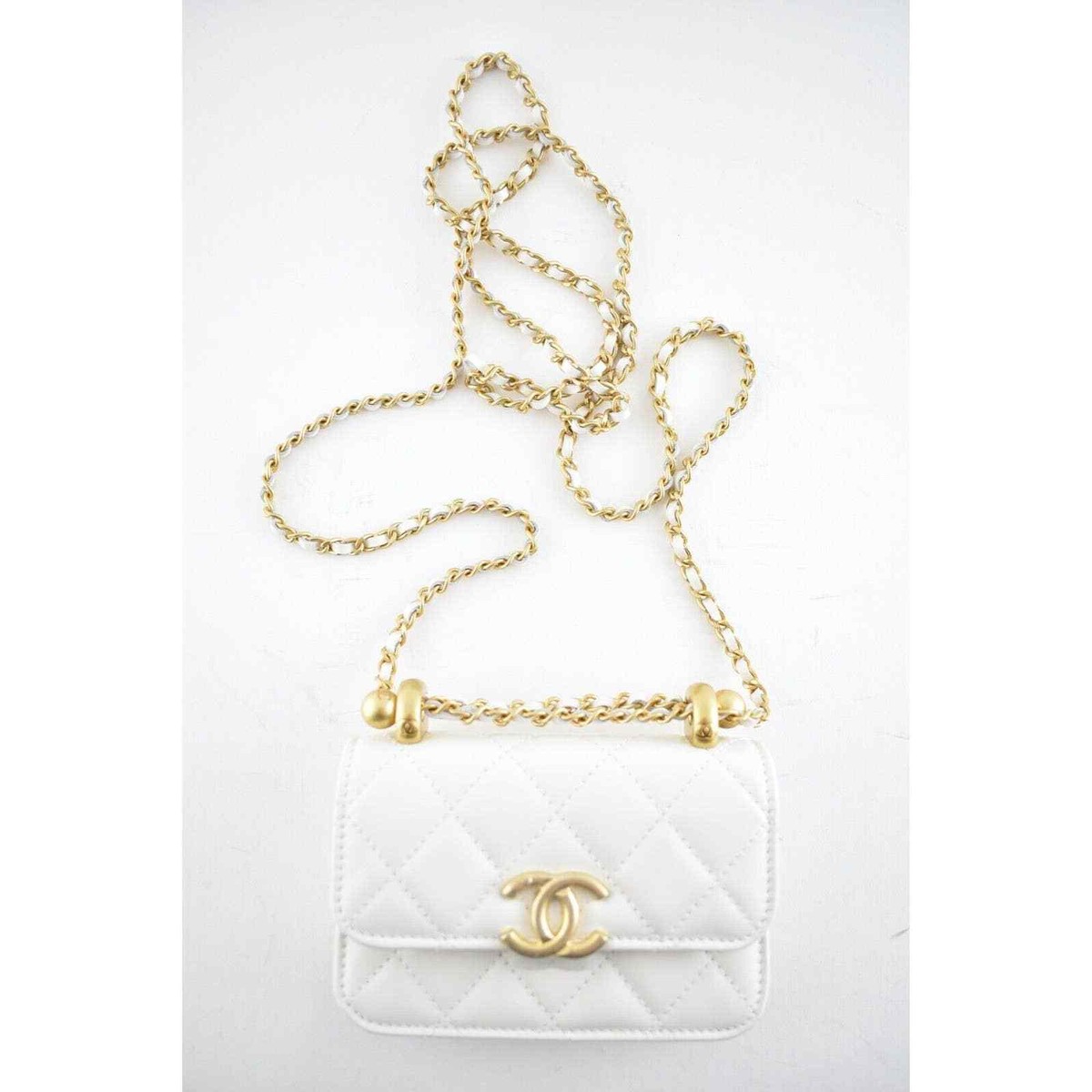 Chanel 21A White Mini Flap Coin Purse With Chain Handle Shoulder