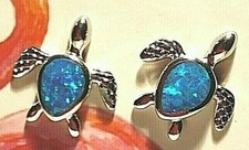 SEA TURTLE STUD EARRINGS, Blue or White Body Made of Lab Opals, 15mm x 15mm, NWT