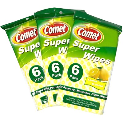 Comet Reusable Cloth Wipes All Purpose Lemon Scented 18 Wipes Total (12''x22'')