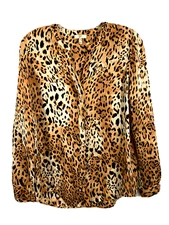JOIE Womens Silk Button Blouse Cougar Cheetah Leopard Print Contour Hem XS Top