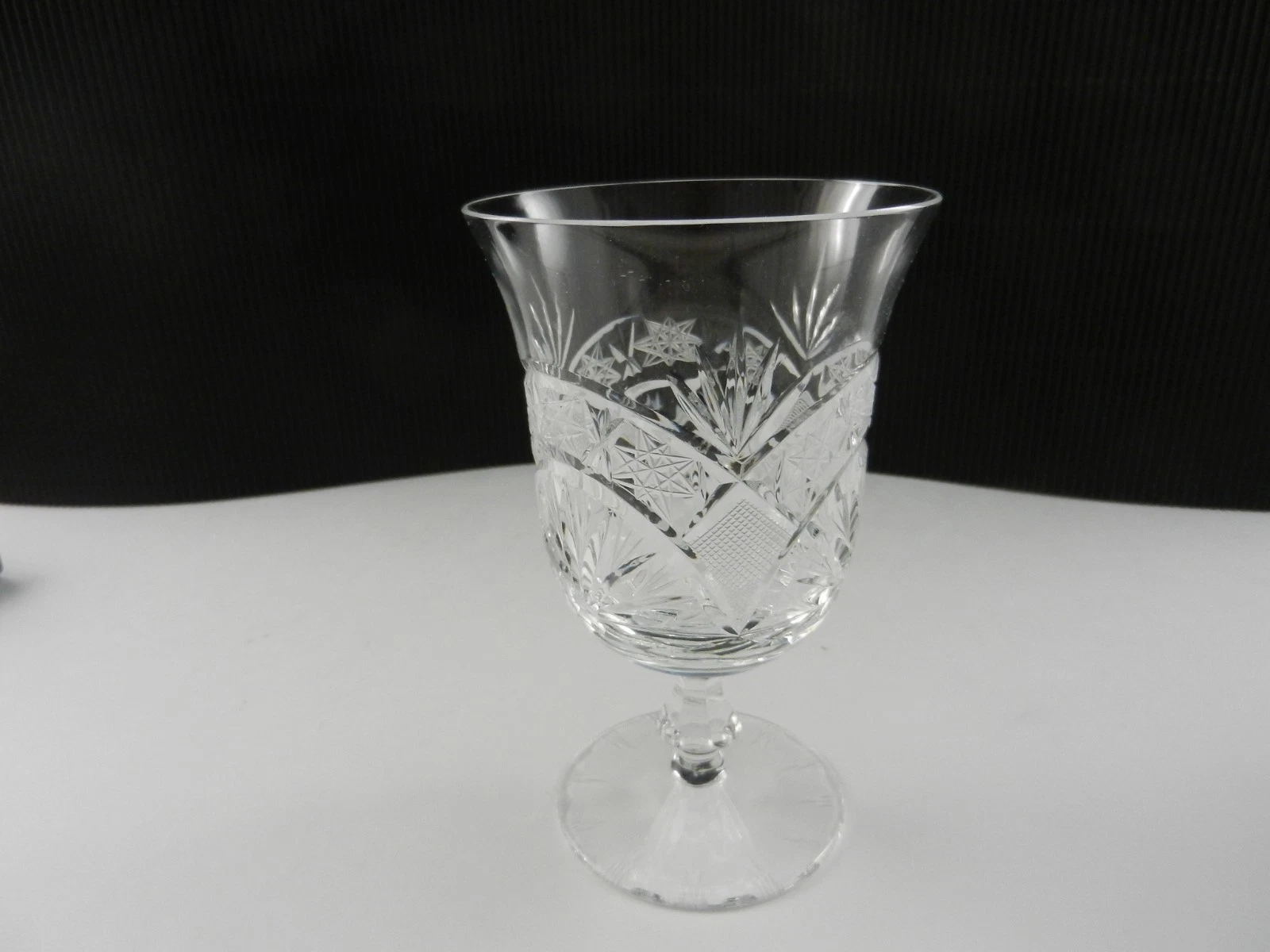 Vintage Rock Cut Crystal Low Goblet Clear Cut Arches Stars Sun Ray 5" T