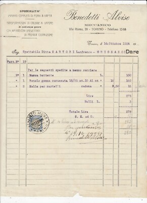 Invoice Torino Meccanico Implianti a Nafta Benedetti 1924 QX1385