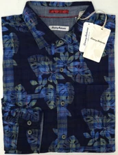 Tommy Bahama Long Sleeve Mens Navy Blue Floral Shirt Jingle Plaid Rock $150