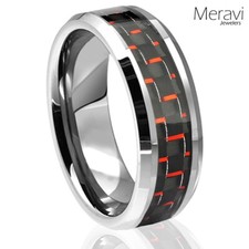 Tungsten Carbide Red Black Carbon Fiber Ring Mens Engagement Wedding Band Silver
