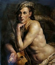 Splendido Dipinto Olio su Tela Mitologico - Davide contro Golia - 50x70 Cm