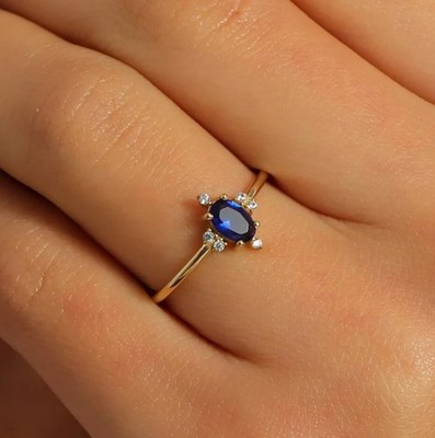 14K Yellow Gold Plated In 1Ct Oval Cut Simulated Sapphire Elegant Promise Ring