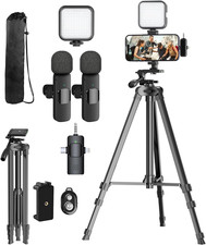 53" Tripod Stand 2Mic Wireless Mic LED Light Kit for YouTube TikTok Vlog