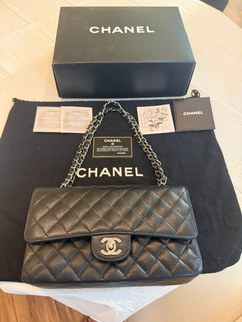 AUTHENTIC CHANEL Classic With Flap Bag Quilted Caviar Black Silver $5,777