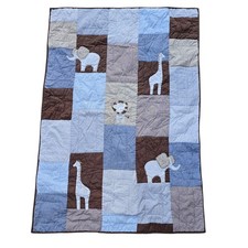 Pottery Barn Kids Giraffe Lion Elephant Blue Brown Patchwork Crib Quilt 50x36"