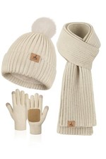 3 in 1 Winter Set, Womens Padded Beanie with Pom Poms Knitted Longe Scarf Lea...