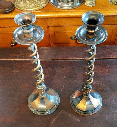 Pair Tall Antique Style Cast Brass Copper Effect Barley Twist Candlesticks - Picture 3 of 5